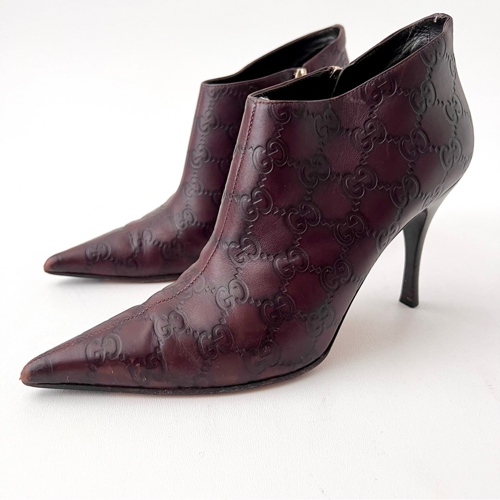 GUCCI | Brown Guccissima GG Logo Leather Pointed Toe Stiletto Ankle Booties 7B - Picture 3 of 14